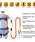 Heavy Duty Full Body Safety Harness For Construction Crews Adjustable Fall Protection Gear Durable Roofing Rig with orange and blue straps and carabiner.