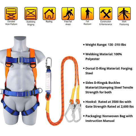 Heavy Duty Full Body Safety Harness For Construction Crews Adjustable Fall Protection Gear Durable Roofing Rig with orange and blue straps and carabiner.