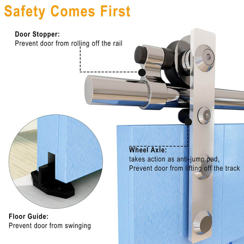 16 Feet Sliding Barn Door Hardware Kit Heavy Duty Stainless Steel Track Brushed Nickel For Double Wood Doors, close-up view