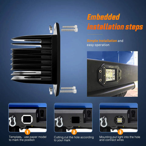 Installation steps for Two Pack 18W Flood LED Work Lights With Wide Beam Flush Mount Off Road Driving Light Bar For Jeep Truck Tacoma Bumper ATV UTV Bright White Flood Illumination For Night Trails.