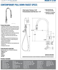 Contemporary pull down kitchen faucet specs with satin gold finish, dimensions, and installation details for large sinks.