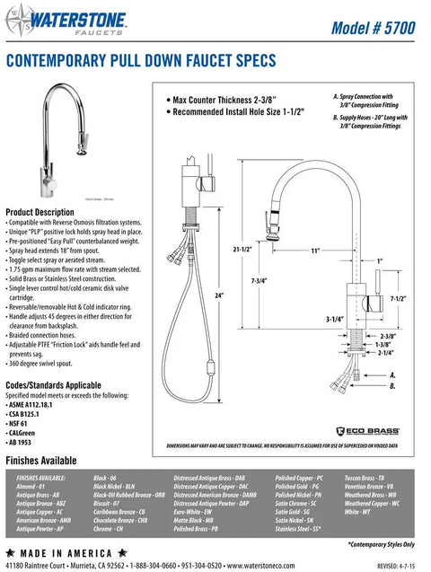 Contemporary pull down kitchen faucet specs with satin gold finish, dimensions, and installation details for large sinks.
