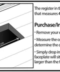 Diagram showing installation of Floor Register 4x14 In Rubbed Bronze Finish With Scroll Design Steel Plated Grate Easy Drop In Install