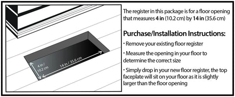 Diagram showing installation of Floor Register 4x14 In Rubbed Bronze Finish With Scroll Design Steel Plated Grate Easy Drop In Install