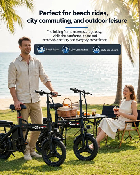 Foldable 1200W Electric Bike With Dual Suspension, 25 MPH Top Speed, 45 Mile Pedal Assist Range, 14 Inch Tires, 3 Speed Modes, Commuter Ebike For Adults And Teens, Dope City Cruiser For Everyday Rides by beach picnic