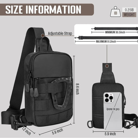 Size details of Slim EDC Sling Bag For Men Tactical Waterproof Mini Crossbody with adjustable strap, 5.9 x 1.2 x 8.6 in.