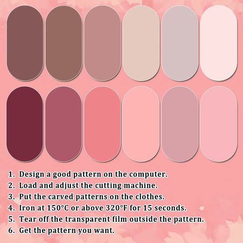 Image of Gradient Pink Heat Transfer Vinyl Pack with 12 sheets showing gradient colors and application instructions.