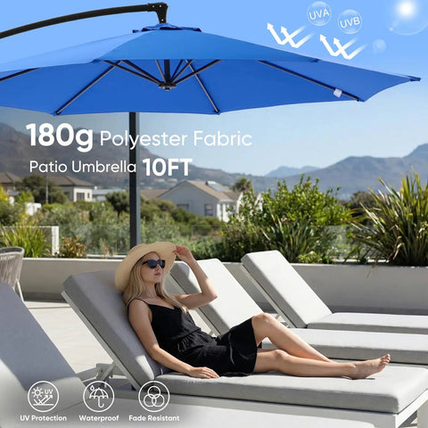 10 Foot Offset Cantilever Patio Umbrella With Base Included No Fuss Setup UV Protection Fade Resistant Fabric Easy Tilt Adjustment Wind Resistant Canopy For Pool Deck Garden Backyard Blue over lounge chairs on a patio.