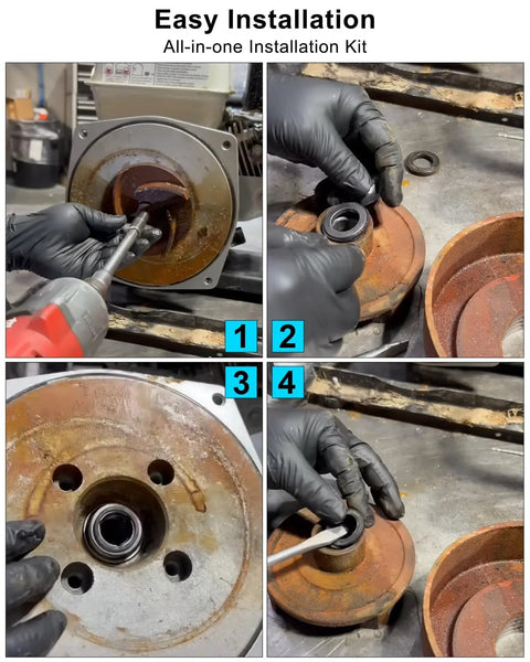 Front view: AUGREX 2-inch pump gasket kit; Side view: seal/washer; Close-up: O-ring; Installed: hands with tool.