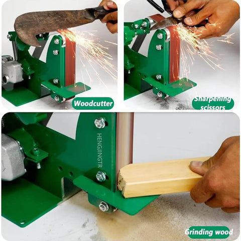 Portable Mini Electric Belt Sander Bench Grinder With Five Sanding Belts For Metal Wood Plastic DIY Polishing in action sharpening tools