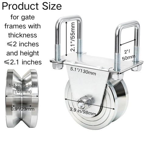 Heavy Duty 4 Inch V Groove Gate Wheel With Dual U Bolts For Sliding Gates Up To 3000 Lbs External Mount No Welding Needed Inverted V Track Roller side view
