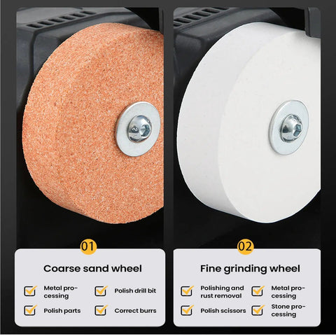 Electric Double Grinding Wheel Buffer That Cracks Rust Seals and Slays Dull Edges With Heavy Duty Polishing Power - coarse and fine wheels
