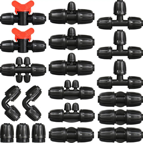 Half Inch Drip Irrigation Fittings Kit With Barbed Locking Nuts For One Half Inch Tubing Includes Twenty Piece Set With Couplings Tees Plugs Valves Elbows End Caps And Reducing Tees For Flexible DIY Garden Irrigation displayed