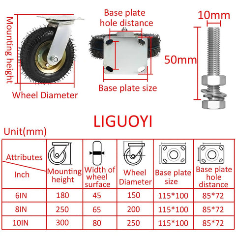 Heavy Duty Rubber Casters Set Of 4, Pneumatic Swivel Wheels That Roll Slick And Quiet, shown with wheel dimensions and base plate details.
