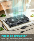 Dual 120mm USB Cooling Fan For Computer Rig Keeping Things Hella Quiet With Adjustable Speed Control And Flat Or Upright Stand Design 5V PC Component Chiller Sweet Airflow For Routers And Small Boxes straight on view, plugged into floor vent.