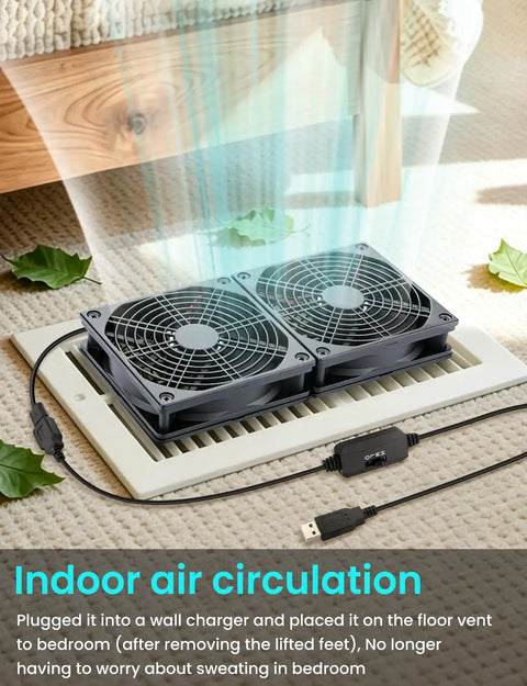 Dual 120mm USB Cooling Fan For Computer Rig Keeping Things Hella Quiet With Adjustable Speed Control And Flat Or Upright Stand Design 5V PC Component Chiller Sweet Airflow For Routers And Small Boxes straight on view, plugged into floor vent.