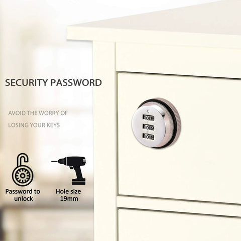 Combo Cam Lock Security Locks Set Of Two With Three Digit Password Code on cabinet drawer, silver finish