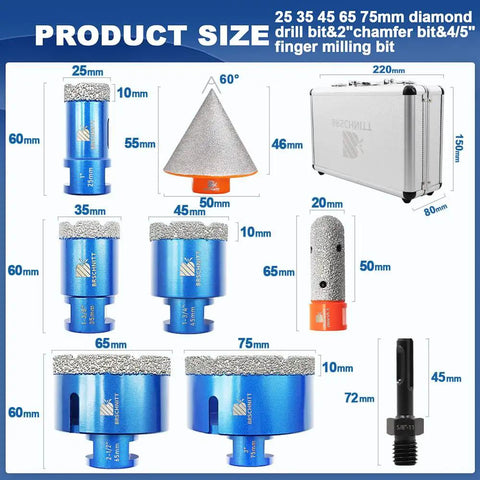 Pro Grade Diamond Core Drill Bit Set For Porcelain Tile Ceramic Marble Brick And Concrete Vacuum Brazed Hole Saw Kit With 25mm 35mm 45mm 65mm 75mm Core Bits 20mm Finger Bits And 50mm Bevel Chamfer Bit For Clean Holes And Crack Free Performance, product size displayed with case.