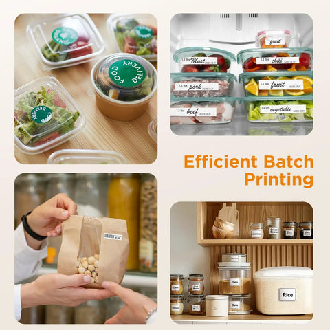 Direct Thermal Label Printer 2 Inch Wide For Barcode Stickers And QR Codes array of labeled food containers and storage jars in kitchen