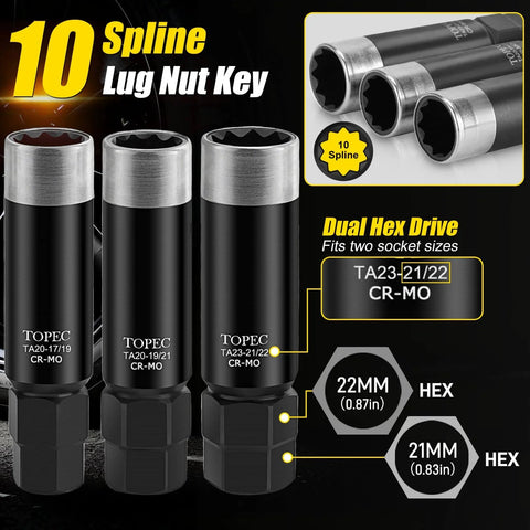 All In One 11 Piece Lug Nut Key Set With 5 6 7 10 12 Spline And Hex Sockets Universal Wheel Lock Remover Kit, 10 spline close-up