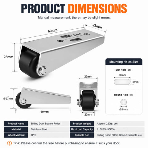 Heavy Duty No Wobble Sliding Door Roller Wheels Vertical Track Bottom Support Fix For Barn Cabinet Gate And Furniture Stability Hardware Two Pack dimensions showing stainless steel design.