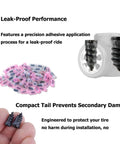 No Sweat Screw In Tire Plugs Repair Kit With Heavy Duty Vacuum Spiral Screws, showing compact tail screws and a tire, ideal for roadside repairs.