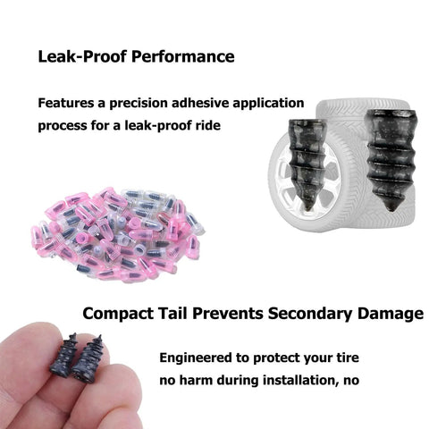 No Sweat Screw In Tire Plugs Repair Kit With Heavy Duty Vacuum Spiral Screws, showing compact tail screws and a tire, ideal for roadside repairs.