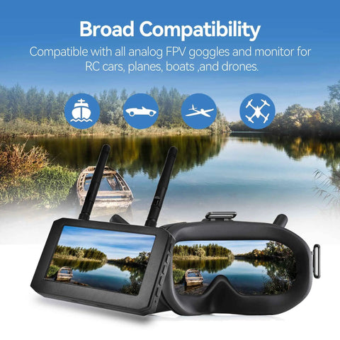 FPV goggles and monitor displaying scenic lake, compatible with Spotter V2 FPV Camera And Transmitter Kit With 5 8G Micro AIO Cam OSD