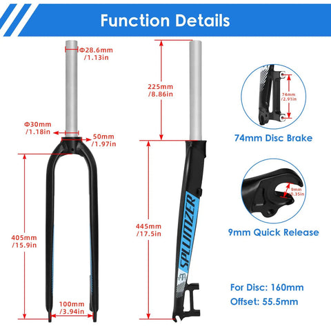 Rigid Mountain Bike Forks For 29 Inch Wheels Threadless One And One Eighth Inch Straight Steerer 39mm Offset 100mm Hub 9mm Quick Release Disc Brake Mount For 160mm Rotors Trail Ready Lightweight Aluminum Alloy Front Fork with measurements and disc brake details.