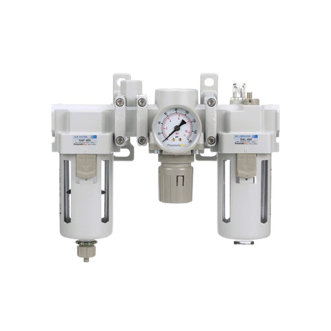 Dual Air System One Half Inch NPT Pneumatic Filter Regulator Lubricator with gauge and manual drain poly bowl, front view