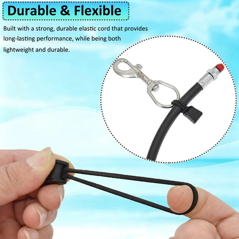 4 Pack Diving Hose Holder Clips For Scuba Gear, showing durable bungee cord and secure clip retainer for underwater use.