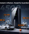 Portable Tire Inflator Air Pump With 150 PSI Cordless Design, Digital Pressure Gauge next to car, bike, motorcycle, basketball