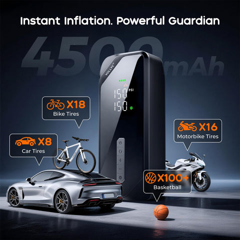 Portable Tire Inflator Air Pump With 150 PSI Cordless Design, Digital Pressure Gauge next to car, bike, motorcycle, basketball