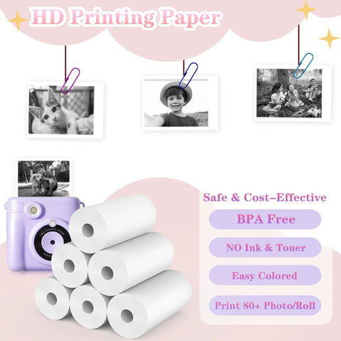 12 Roll Refill Paper Set for Kid Friendly Instant Cameras, Premium Thermal Paper for HD Photo Prints, Easy Refill, Long Lasting Fun, Fits Most Kid Instant Cameras, White, with rolls and purple camera