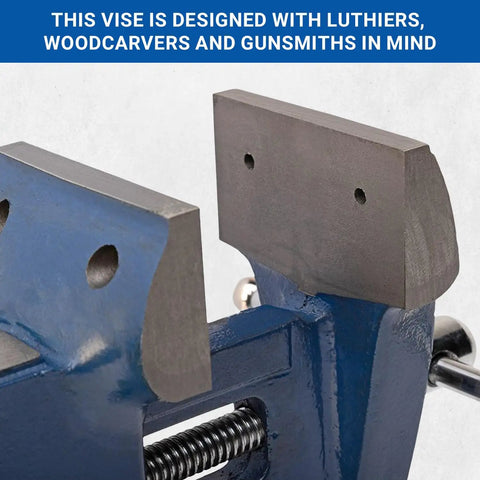 MAV-3.5 Multi-Angle Vise With Smooth 3.5x2.125 In Jaws, featuring pre-drilled faces and clamp power for precision work, close-up view.