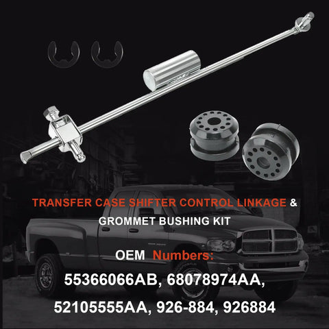 Transfer Case Shifter Control Lever Kit With 2 Clips And Shift Linkage Bushings For Dodge Ram 1500 2500 3500 4500 5500 2005 To 2012 Heavy Duty OEM Replacement Ready To Install, shown with linkage rod and bushings
