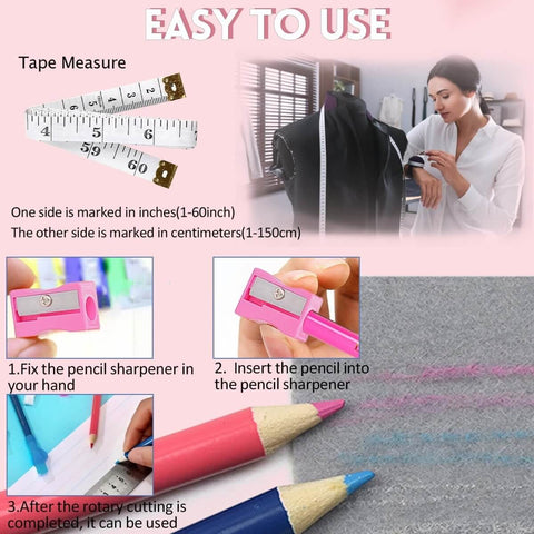 66 Piece Pro Grade Sublimation Shirts Tool Kit With Round Neck And V Neck Alignment Rulers, showing a tape measure and pencil sharpener.