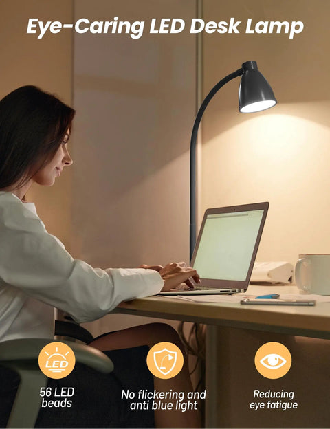 Eye Friendly LED Desk Lamp With USB Charging Port, 3 Color Temps, Dimmable Reading Light, Smart Auto Dim With Motion, Flexible Neck For Desk Or Nightstand, Energy Saving 56 LED Beads, AC Adapter Included