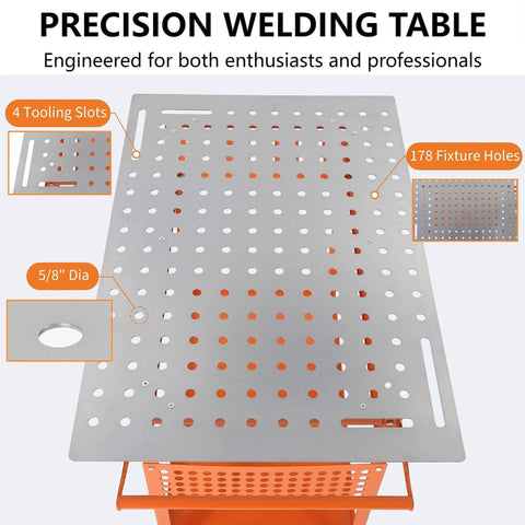 Top view of rugged 36 inch by 24 inch welding table with perforated surface for quick tool access, ideal for garage workshop.