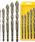 Front view: five-piece hex-shank eccentric drill bit set (6, 6, 8, 10, 12 mm) for concrete, glass, tile, wood in yellow case