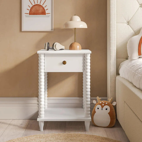 White side table with spiral legs and a single drawer featuring antique brass cabinet knobs 6 pack with spacers and backplates.