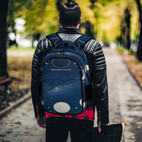 Person wearing Moon Phase Diagram Printed Backpack Unisex Large Capacity Dope Everyday Carry Bag in park setting