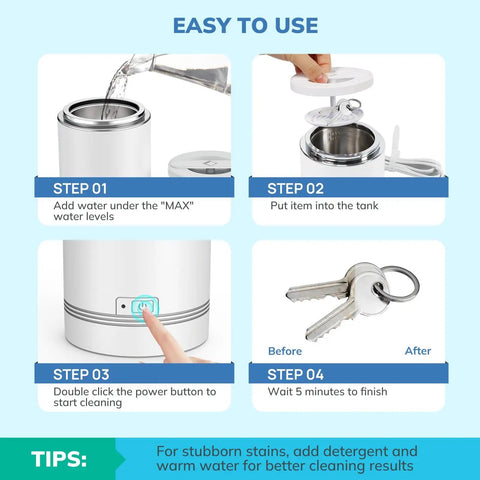 Illustrated steps for using Portable Ultrasonic Jewelry Cleaner 42kHz 7.4 Oz 220ml Deep Cleaning Machine for Dentures Retainers