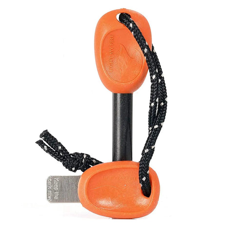 Two-In-One Magnesium Fire Starter Kit With Ferro Rod And Emergency Whistle, Waterproof Flint Tool, shown with orange handle.