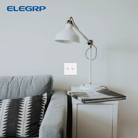 Two Gang Toggle Switch Wall Plate, Unbreakable Thermoplastic Faceplate Cover for Dimmer Switches, Glossy White in living room.