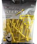 Bag of 50 yellow PTS Step Tees 2 3/4 Inch Wood Golf Tees With Depth Control for consistent tee height setup.