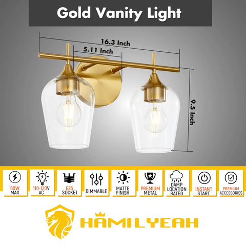 Gold Champagne Glass Vanity Lights Over Mirror, 2 Light Modern Wall Mount Fixture With Thick Glass Shades, Electroplated Finish