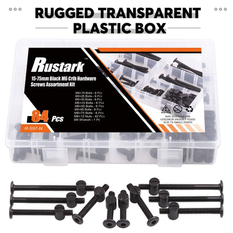 84Pcs M6 Furniture Bolts And Barrel Nuts Kit In Black Finish with Transparent Plastic Box and Hex Key Visible