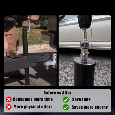 Comparison image of Built Tough Heavy Duty Stainless Steel Trailer Jack Crank Handle Power Drill Adapter in use.