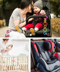 Link To Go Baby Rings Toy Kit For Stroller Car Seat Crib Clip On Play Mat Early Education Set shown attached to stroller, crib, and car seat.